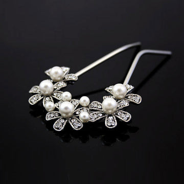Czech Rhinestone & Pearl 2-Prong Bridal Hair Stick Fork Flowers